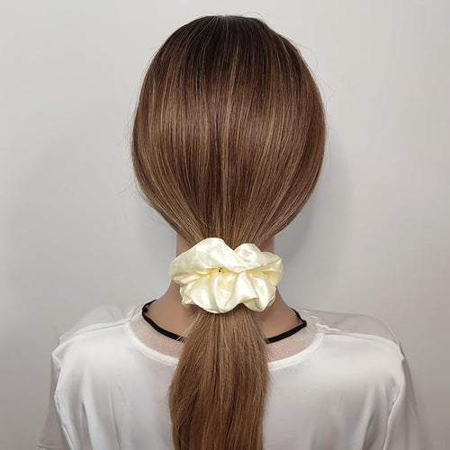 12 Pcs Satin Silk Scrunchies Soft Hair Ties Fashion Hair Bands Bow Ropes Elastic Bracelet Ponytail Holders Hair Accessories for Women and Girls (4.5 Inch, Light Yellow)