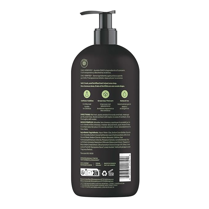ATTITUDE Men's Shampoo and Conditioner 2-in-1, Fortifying For Fragile Hair, With Caffeine and Green Tea, 97% Natural Origin Ingredients, EWG Verified, Matcha & Bergamot, 32 Fl Oz