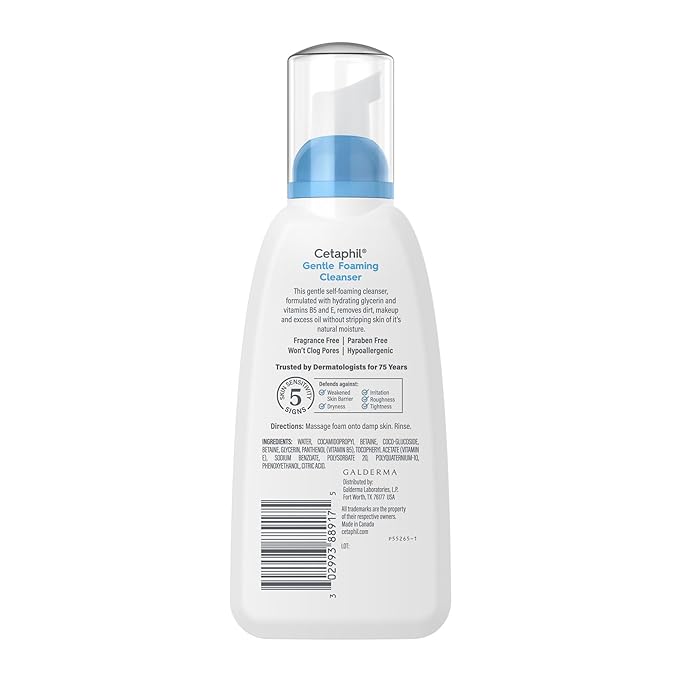 Cetaphil Oil Free Gentle Foaming Cleanser For Dry to Normal, Sensitive Skin, Made with Glycerin and Vitamins B5 and E, Dermatologist Tested, Hypoallergenic, Soap Free, Fragrance Free, 8oz