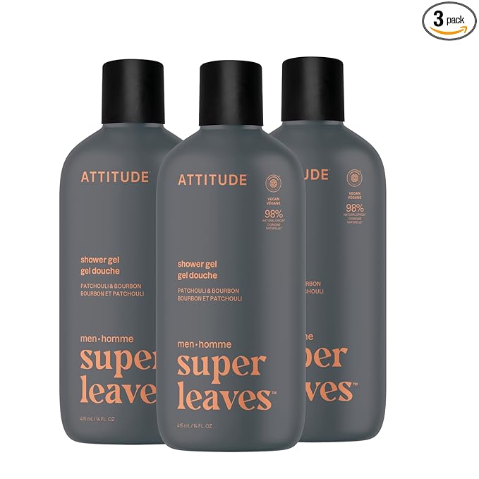 ATTITUDE Shower Gel Body Wash for Men, 98% Natural Origin Ingredients, Paraben & Phthalate Free, EWG Verified, Cleanses Without Drying, Patchouli & Bourbon, 14 Fl Oz (Pack of 3)