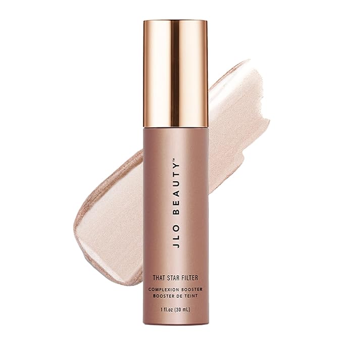 JLO BEAUTY Makeup Highlighter & Bronzer for Face & Body, Liquid Complexion Booster, Illuminating Primer Glow Drops with Vitamin E, Sheer Dewy Skin Tint, That Star Filter, Pink Champagne, 1 Fl Oz