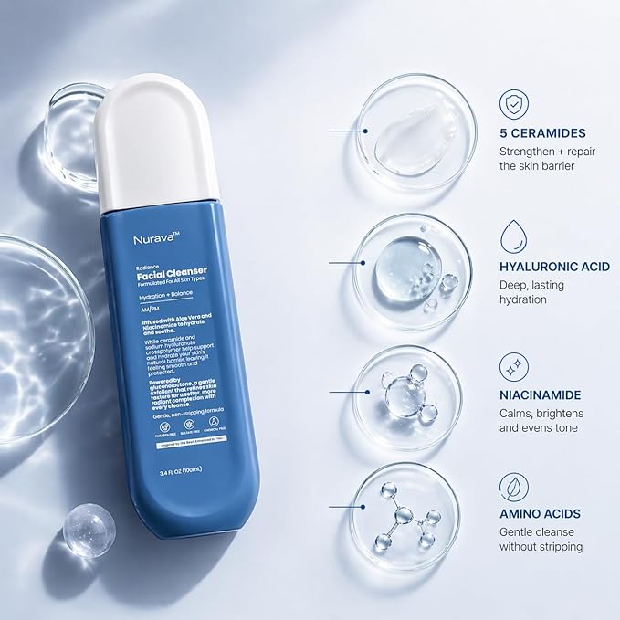Barrier Repair Face Cleanser By Nurava | Ultra-Gentle Amino Acid Cleanser for Sensitive & Reactive Skin | Soothes Redness with Hyaluronic Acid, Niacinamide, 5 Ceramides & Panthenol – 100ml