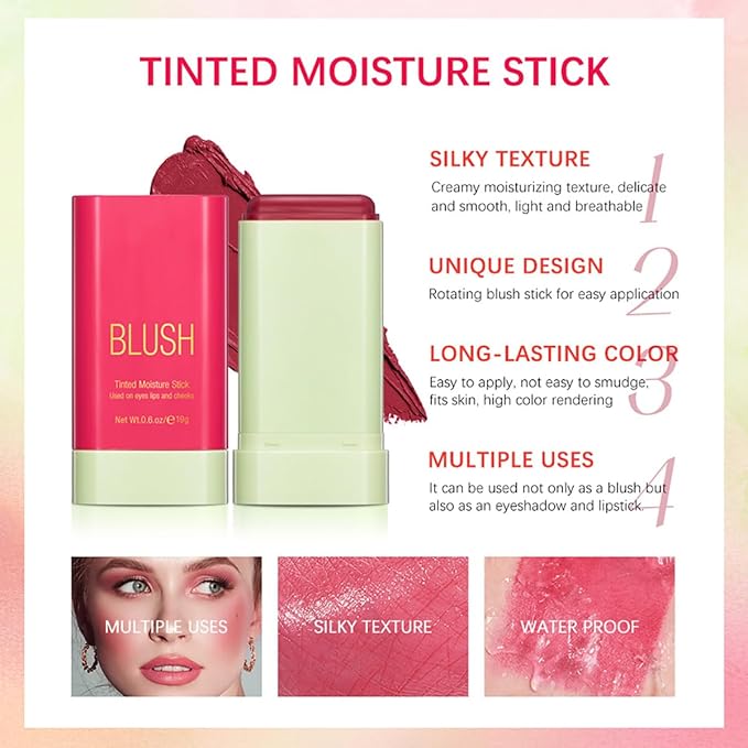 FYEBOO Multi-Use Makeup Blush Stick, Cream Blush Stick, Tinted Solid Moisturizer Stick for Cheek & Eyes & Lips, Waterproof Natural Nude Makeup, Suitable for All Skin (2#Hot Red)