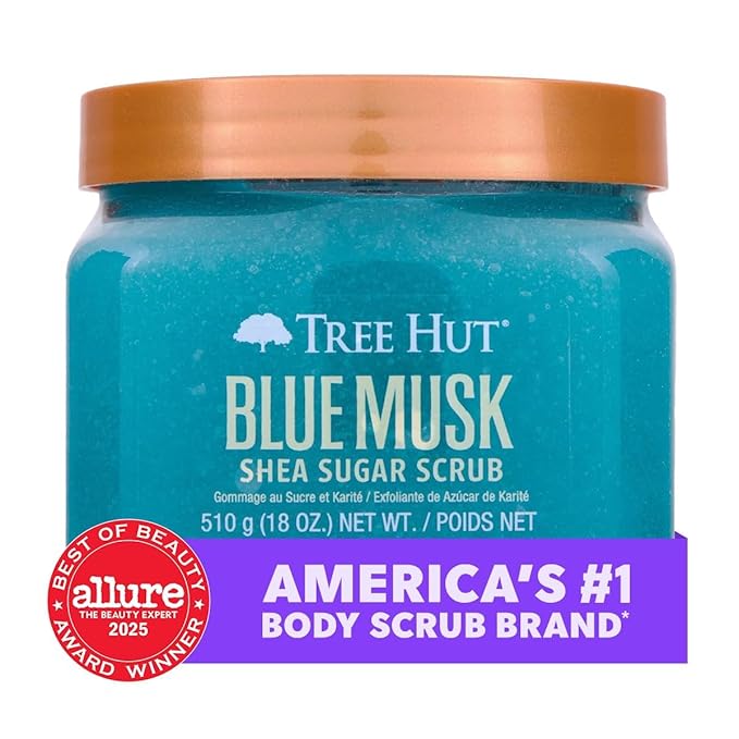 Tree Hut Blue Musk Body Scrub, Exfoliating & Hydrating Sugar Scrub with Shea Butter & Essential Oils, Smooth Skin, Body Exfoliator For All Skin Types, Self Care Gifts for Women, Vegan, 18 Oz