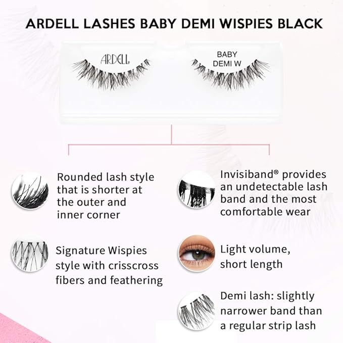 Ardell Wispies Eyelashes Baby Demi - Black, Soft Band Dramatic Volume Wispy Lashes, 4 Pack