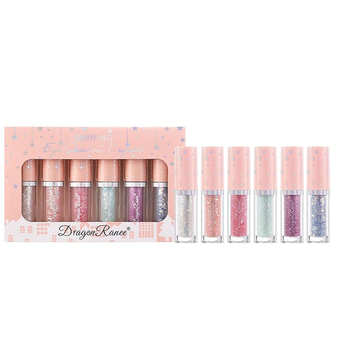 6Pcs Liquid Glitter Eyeshadow Eyeliner, Korean Makeup Glitter Shinning Eye Liner Long Lasting Quick Drying Pigmented Loose Bling Under Eye Shadow Mother's Day Makeup Gifts for Women