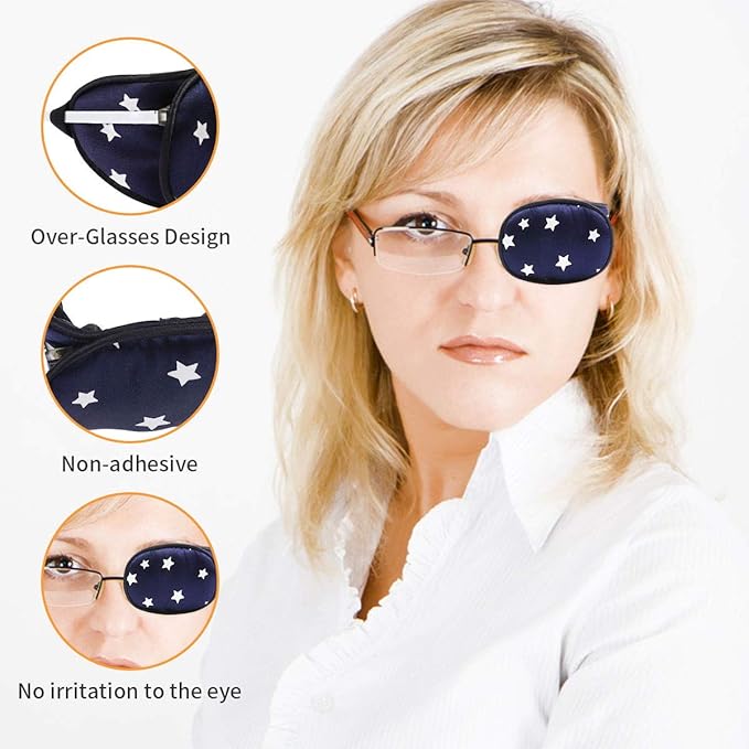 eZAKKA Eye Patches for Adults, Eye Patch for Glasses, Silk Patch for Lazy Eye Amblyopia Strabismus and After Surgery (Blue with Star+Black Polka Dots)