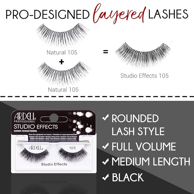 Ardell Studio Effects False Eyelashes 105 - Custom Layered Lashes for Dramatic Eye Look, Reusable Strip, 4 Pack