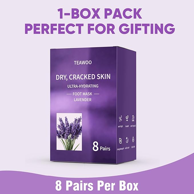 TEAWOO 8 Pairs Moisturizing Foot Masks with Lavender Oil & Jojoba Oil, Intensely Hydrating Foot Mask for Dry Cracked Feet, Moisturizing Socks for Cracked Heel Treatment