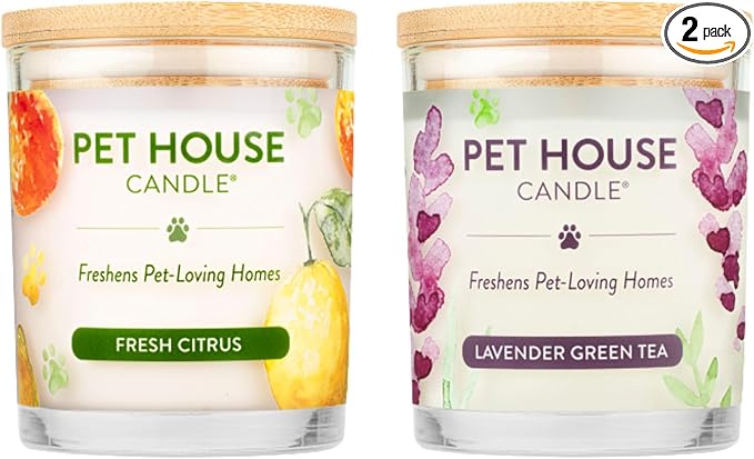 One Fur All Pet House Candle 2 Pack - Plant-Based/Soy - Clean Burning Scented, Long Lasting Pet Odor Candle for Home - Fresh Citrus, Lavender Green Tea
