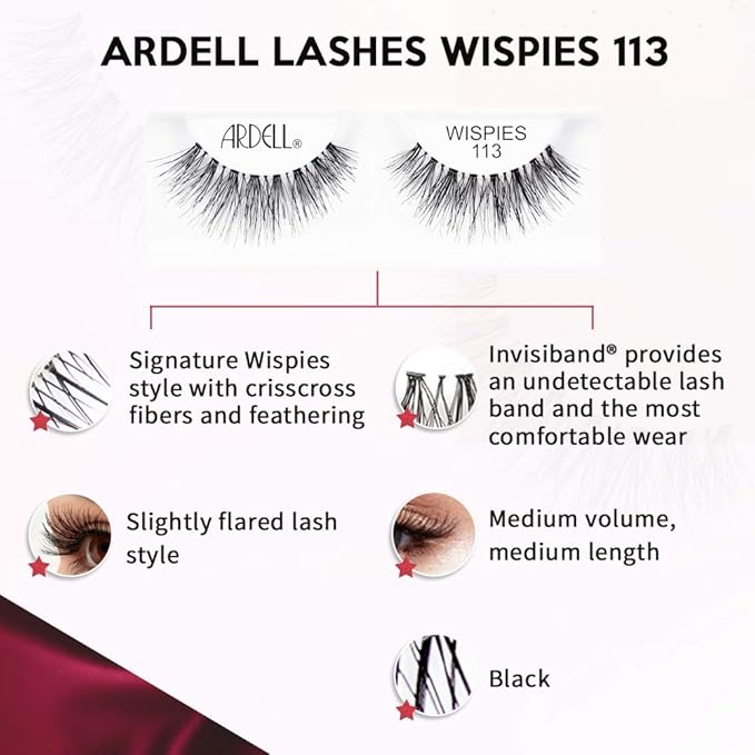 Ardell False Eyelashes Wispies 113 - Black, Natural Look Soft Band, Lightweight, Flared Strip Lashes for Glamour & Everyday Use, 4 Pairs