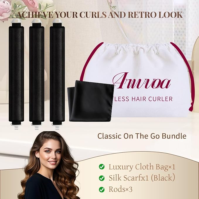 Heatless Hair Curler Heatless Curls Overnight Heatless Blowout with Luxury Cloth Bag satin Scarf, Curling Rod Headband to Sleep in No Heat Curling(3Rods Black)