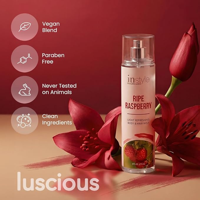 Instyle Fragrances | Body & Hair Mist | Ripe Raspberry Scent | With Panthenol | CLEAN, Vegan, Paraben Free, Phthalate Free | Premium 8 Fl Oz Spray Bottle