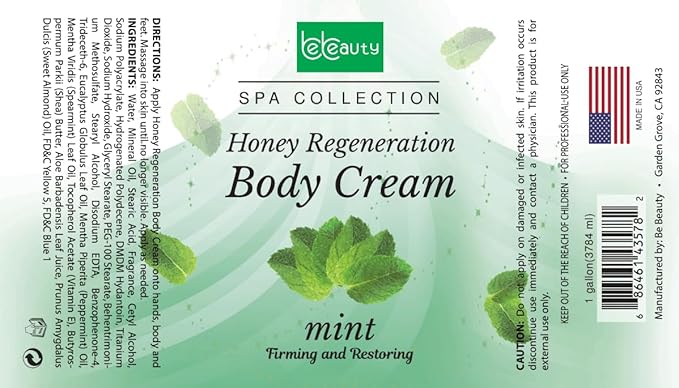 BeBeauty Mint Honey Regeneration Body Cream Hydrating & Nourishing Body Lotion for Smooth, Soft, Revitalized Skin 1 Gallon
