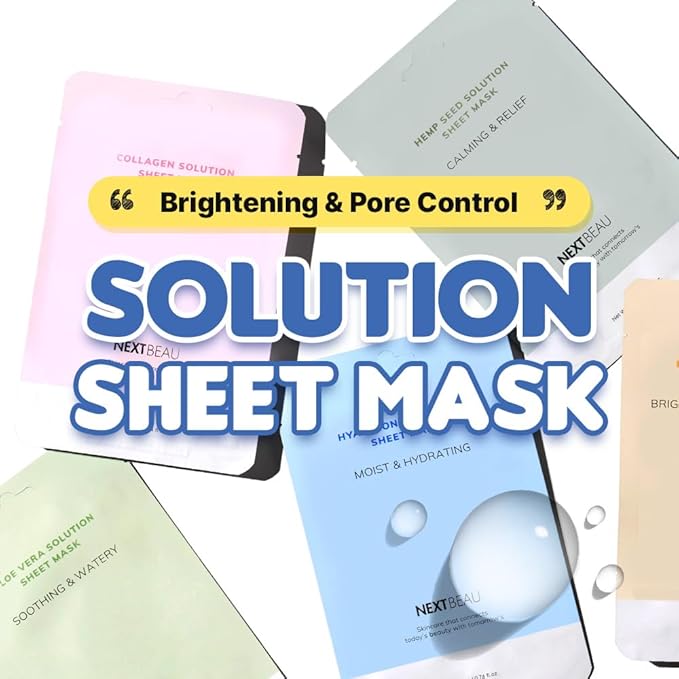 NEXTBEAU Solution Sheet Mask Variety Pack, 10 Count (5 Types x 2 Sheets), 0.74 fl oz Each, Korean Facial Sheet Masks for Daily Skincare