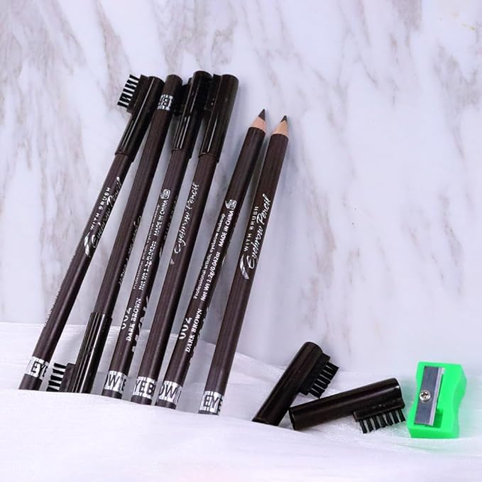 WanTuoluo Eyebrow Pencils for Women with Sharpener, 6Pcs Hard-Core Wooden Eye Brow Eye Liner Pencils for Beginner Makeup, Waterproof & Sweat-Proof (6Pcs-Dark Brown)