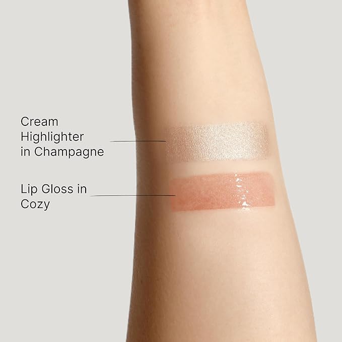 Minori No Makeup Glow Kit, Radiant Duo Gift Set: Full-Size Lip Gloss in Cozy & Cream Highlighter in Champagne, Vegan & Cruelty-Free for a Minimalist Glow
