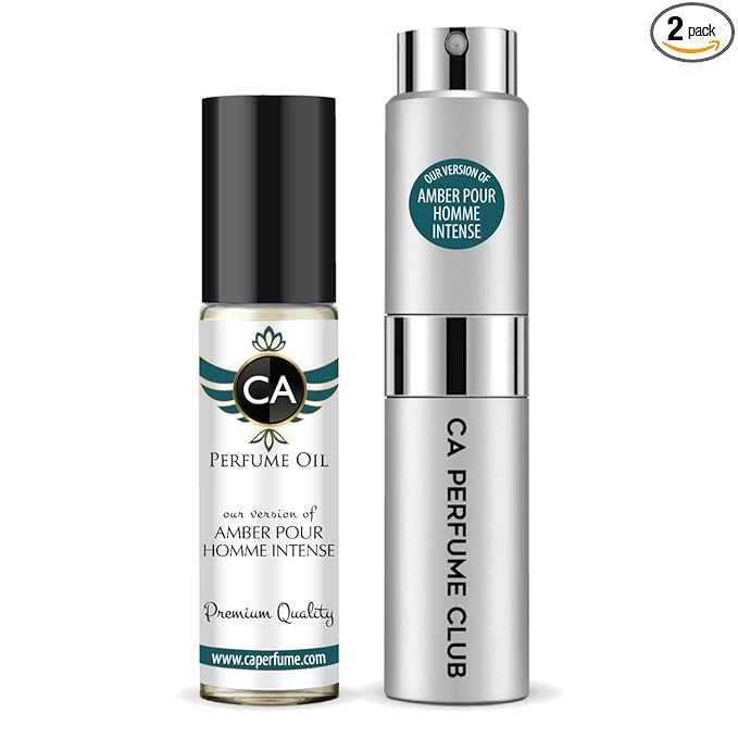CA Perfume Duo Impression of Amber Pour Homme Intense For Men Perfume Layering Set Mens Cologne Long Lasting Travel Size EDP + Body Oil Roll-On Bottle 0.27 Fl Oz+0.33 Fl Oz