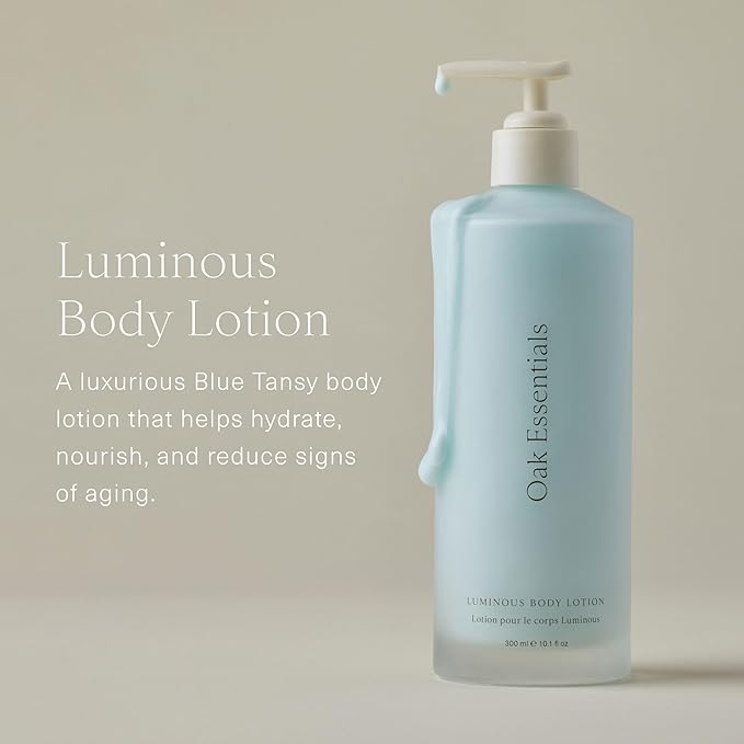Oak Essentials Luminous Body Lotion, Hydrating Body Lotion for Women with Blue Tansy, Rose Oil, Shea Butter and Coconut Oil, Lightweight Moisturizer for Dry and Sensitive Skin, 10.1 Fl Oz
