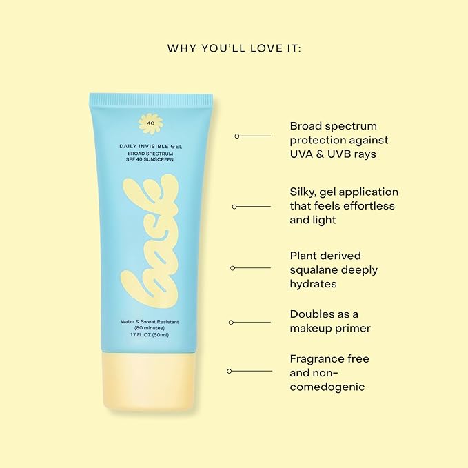 Bask SPF 40 Daily Invisible Gel Face Sunscreen - Broad Spectrum Protection, Fragrance Free, Makeup Primer, Hydrating, Clear, Lightweight & Non-Greasy, Dermatologist Recommended, 1.7 fl oz