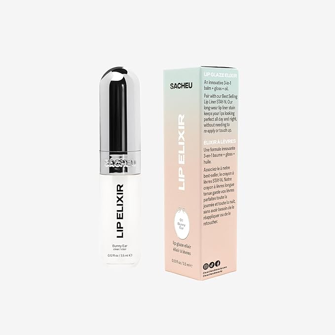 Sacheu Lip Elixir Nourishing and Hydrating Lipgloss — Moisturizing Plumping Lip Gloss Enriched with Collagen, Non-Sticky Lip Color Smooth High-Shine Finish, Vegan & Cruelty-Free, Bunny Ear (Clear)