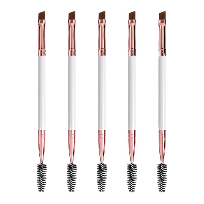 Duo Eyebrow and Eyelash Brush - Spoolie and Angled Brow Brush for Eye Makeup (5pcs, White)