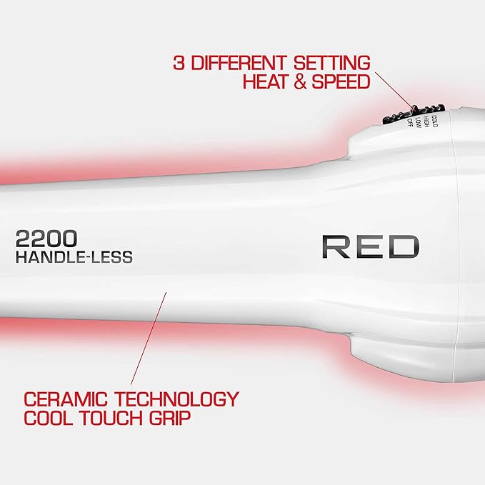 Red by Kiss Handle-Less Ceramic Tourmaline Hair Dryer, 1875W Ergonomic Grip, White, Includes 3 Attachments, For Detangling, Straightening, and Frizz-Free Shine