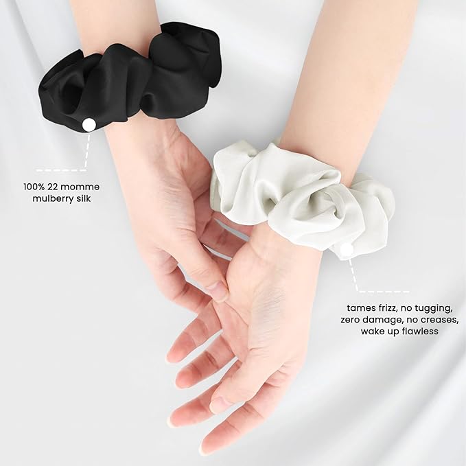Silk Hair Scrunchies for Women, 100% Mulberry Silk Hair Ties, No Damage for Curly Hair, Large Scrunchie for Sleep, 1-Pack, Balck, L