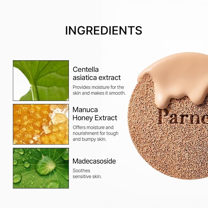 Parnell Cicamanu Serum Cushion - Moisturizing Foundation for Soothing, Coverage, Glass Skin and Lightweight for Sensitive and Dry Skin Pearl Skin (0.52 Fl Oz) (27C)