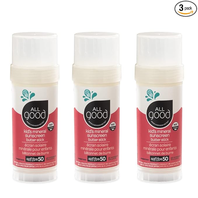 All Good Baby & Kids Mineral Sunscreen Butter Stick for Face, Nose, Ears - UVA/UVB Broad Spectrum SPF 50, Coral Reef Friendly, Water Resistant, Zinc Oxide, Coconut Oil, Vitamin E (2.75 oz)(3-Pack)