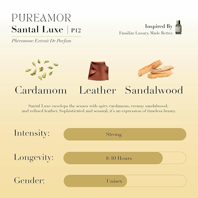 PUREAMOR Pheromone Perfume for Women, Santal Luxe Extrait de Parfum - Long Lasting Warm Woody Sandalwood Scent, 30% High Concentration, Full Size Fragrance Spray, 1.0 oz / 30 ml