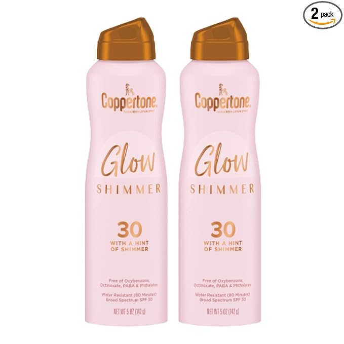Coppertone Glow Shimmer Sunscreen Spray SPF 30, Water Resistant Broad Spectrum SPF 30 Spray Sunscreen, Free From Parabens, PABA, Phthalates, Octinoxate and Oxybenzone, 5 Oz Bottle, Pack of 2