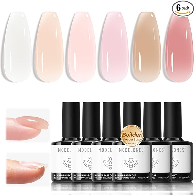 modelones Rubber Base Builder Nail Gel Polish, 6 French Tip Base Color Nude White Baby Milky Pink Strengthener Apex Building Extension Protect Weak Nails Long Last U V Manicure Gift for Women