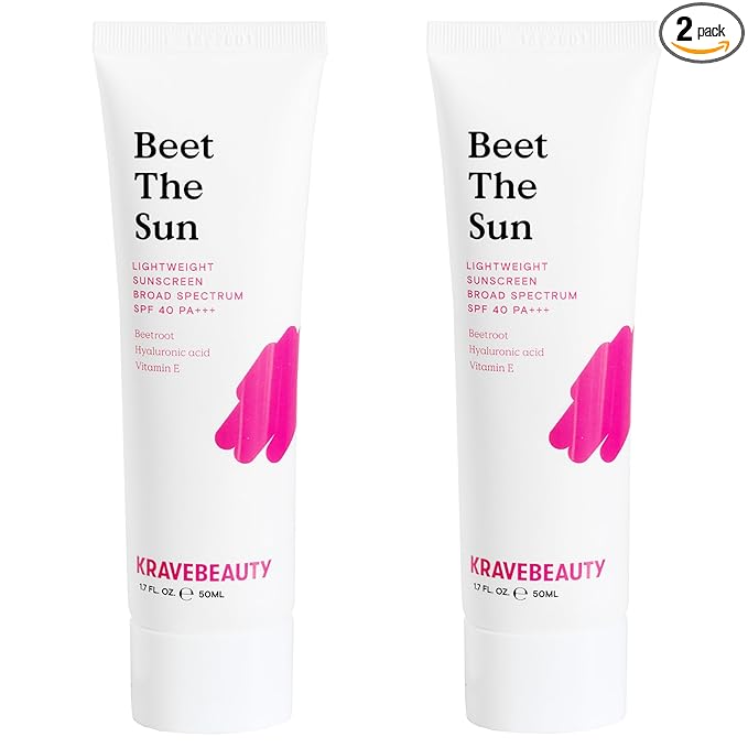 KraveBeauty Beet The Sun Lightweight Sunscreen SPF 40 PA+++, 2 Pack, Broad Spectrum Facial Sunscreen with Beet Root Extract & Hyaluronic Acid, Daily SPF Lotion for Face, Fragrance Free, 2 x 50 mL