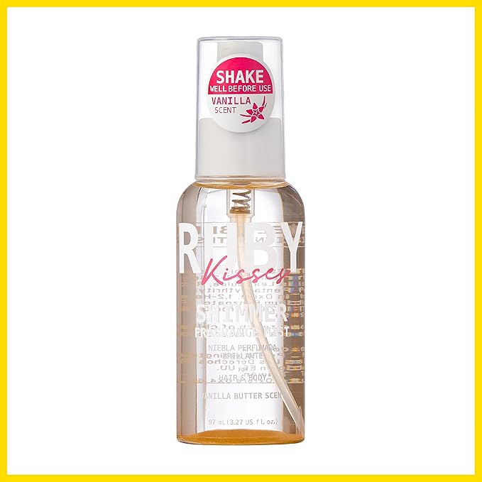 Ruby Kisses Shimmer Fragrance Body and Hair Mist Spray, Vanilla Glitter Body Perfume Spray, Skin Perfume, Liquid Illuminator Highlighter for Skin (GOLD)