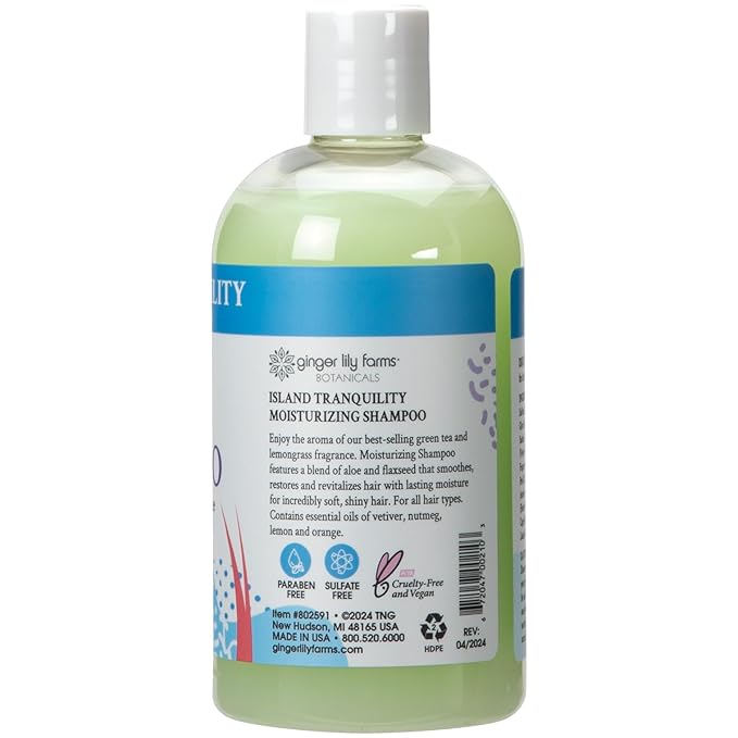 Ginger Lily Farms Botanicals Moisturizing Shampoo for All Hair Types, Island Tranquility, 100% Vegan & Cruelty-Free, Green Tea Lemongrass Scent, 12 Fl Oz
