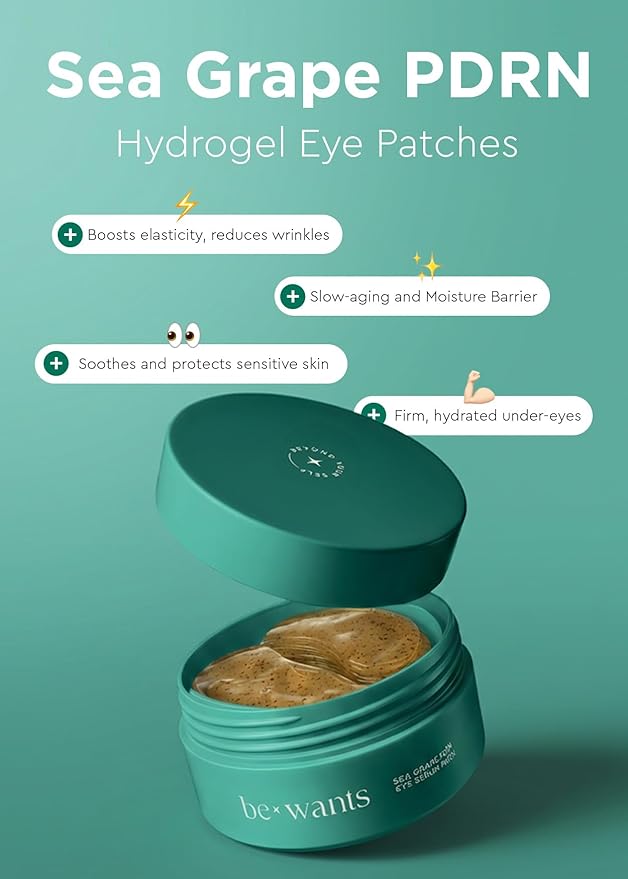 bewants Sea Grape Vegan PDRN Eye Patches for Sensitive Skin | Formulated with Collagen, Green Tea, Ceramides and Pathenol | Hydrating & Firming Under Eye Mask