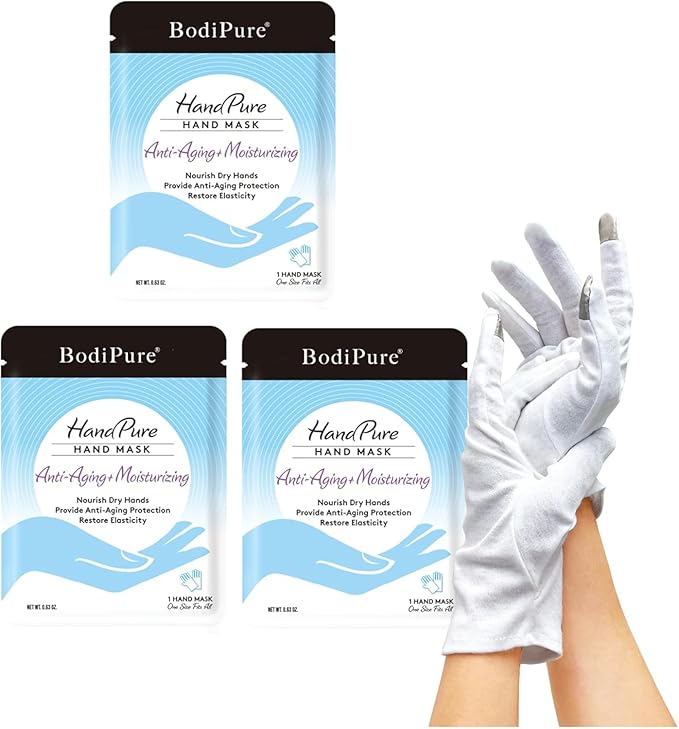 Bodipure HandPure Hand Mask Moisturizing Gloves, 3-Pack for Dry, Cracked Hands, with Touchscreen White Cotton Gloves – 1 Pack for Enhanced Cream Absorption (3 + 1 Cotton Gloves)