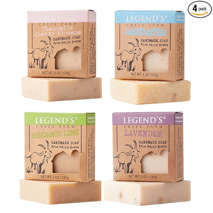 Legend's Creek Farm Goat Milk Soap - Cleansing Moisturizing Bar for Hands and Body - 5 Oz Natural Soap for Sensitive Skin, Handmade in USA (4-Pack: Lime, Cherry, Sweetwater, Lavender)
