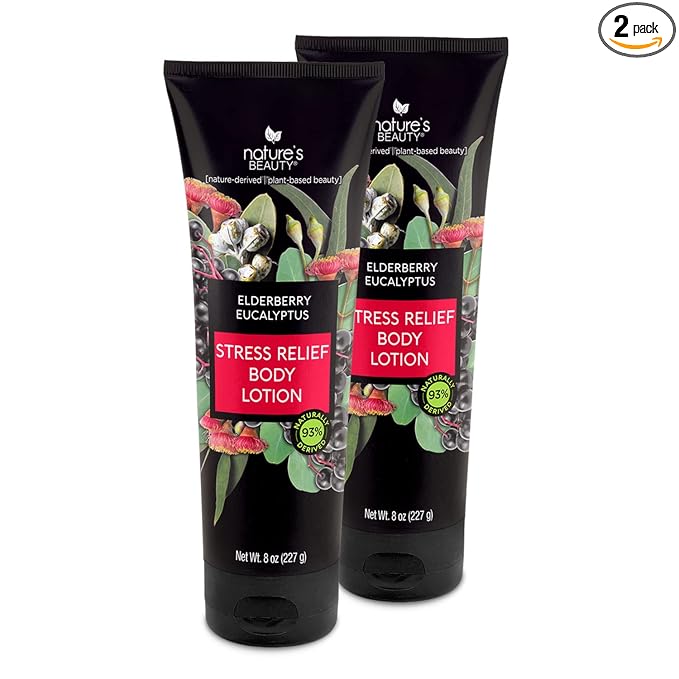 Nature's Beauty Elderberry Eucalyptus Stress Relief Body Lotion Multi-Pack - Lightweight, Non-Greasy Restore Moisturizer, Made w/Shea Butter, Avocado Oil and Sweet Almond Oil, 8 oz (2 Pack)
