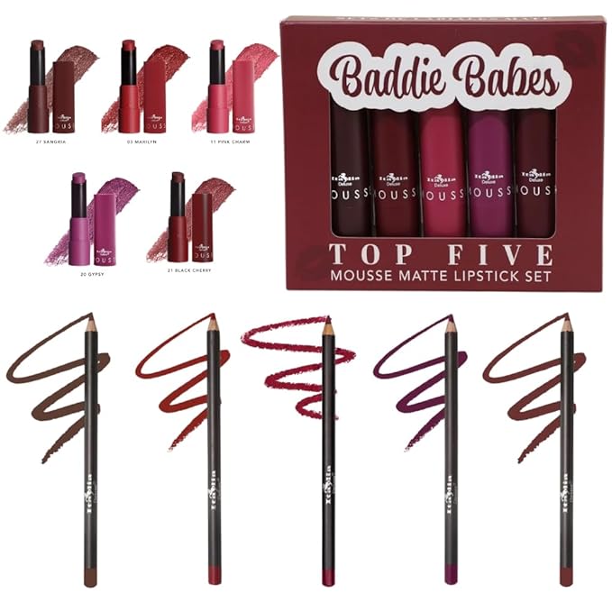 Italia Deluxe Exclusive Edition Top Five Lip Kit with Mousse Matte Lipsticks and Ultrafine Lipliners, Creamy, Highly Pigmented, Long Lasting Lip Makeup Combo