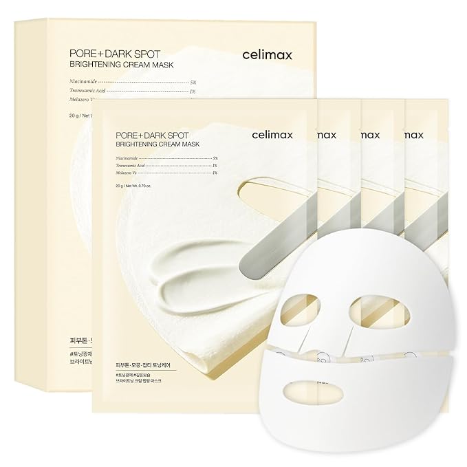 celimax Pore+Dark Spot Brightening Cream Mask 4EA | Non-Sticky Sheet for Enlarged Pores with Niacinamide, Tranexamic Acid, Non-Irritating, Hydrating, Hyperpigmentation, Korean Skincare Gifts for Women