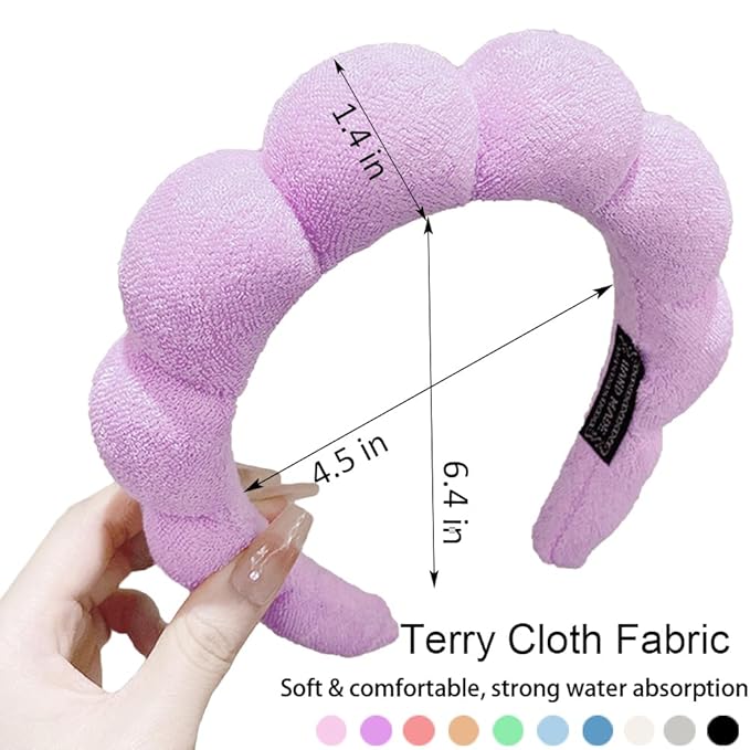 AOENJIE Spa Headbands for Washing Face or Makeup, Sponge Bubble Skincare Headbands, Puffy Terry Cloth Hairband for Women, Skin Care Makeup Headwear Hair Accessories for Girls(Purple)