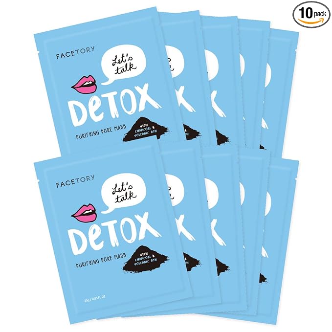 FACETORY K Beauty Face Mask Skin Care - LET'S TALK DETOX PURIFYING Sheet Mask with Charcoal & Volcanic Ash | Pore Refining Charcoal Face Mask (10 Pack)