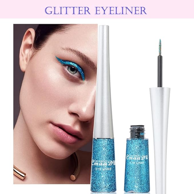 16 Colors Liquid Glitter Eyeliner Set, Metallic Shimmer Glitter Eyeshadow, Colorful Rainbow Eyeliner Long Lasting Waterproof Face Lips Art for Party Festival Makeup