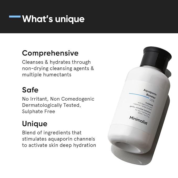 Minimalist Face Wash for Dry Skin with Hyaluronic Acid | Aquaporin Booster 5% Gently Cleanses & Hydrates Skin | For Women & Men | 3.4 Fl Oz / 100 ml