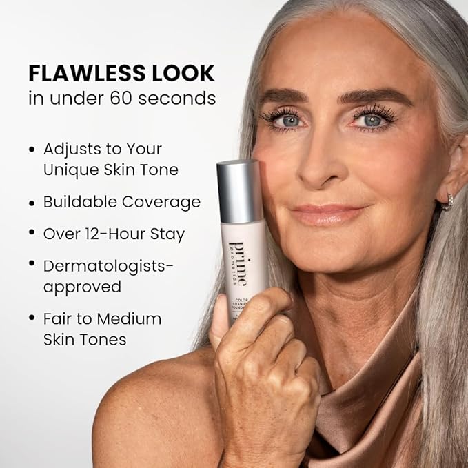 Prime Prometics Color Changing Foundation for Mature Women – Instantly Adapts to Your Skin Tone – Buildable Light-to-Medium Coverage – 12-Hour Wear – Natural Dewy Finish – Hypoallergenic