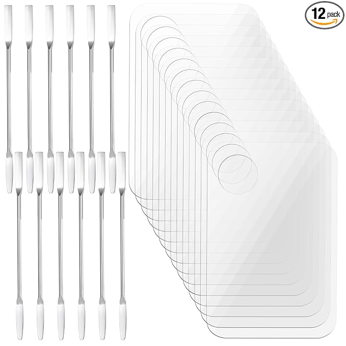 12 Pack Acrylic Cosmetic Palette with 12 Spatulas, Clear Makeup Mixing Tray for Foundation, Eye Shadow, Nail Art, Pigment Blending