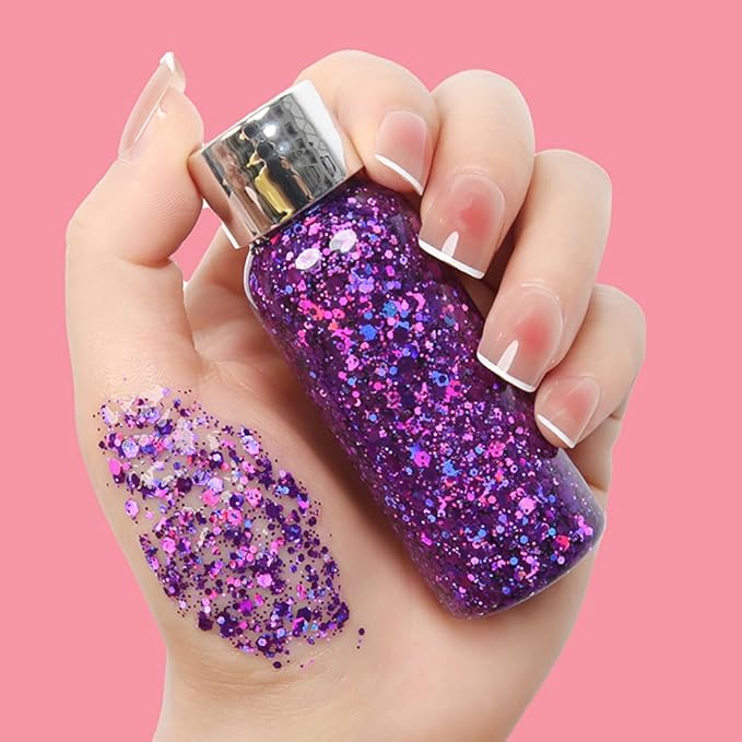 Body Glitter Gel, Mardi Gras Chunky Face Glitter Mermaid Sequins, Sparkly Hair Glitter,Singer Concert Festival Rave Accessories, Halloween Body Painting (#06 Violet)