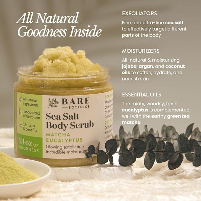 Bare Botanics 24oz Matcha Eucalyptus Sea Salt Body Scrub | Non-toxic, Vegan & Cruelty-free | Made in Madison, WI | Full Body Exfoliator & Hydrating Moisturizer with a Cute Wooden Spoon
